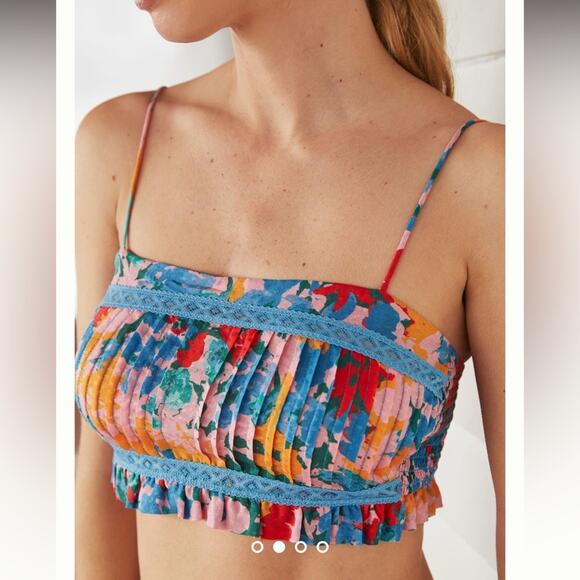 Anthropologie Pintucked Floral Bra Top Square Neck Smock Back Ruffled Blue Large - Picture 2 of 12